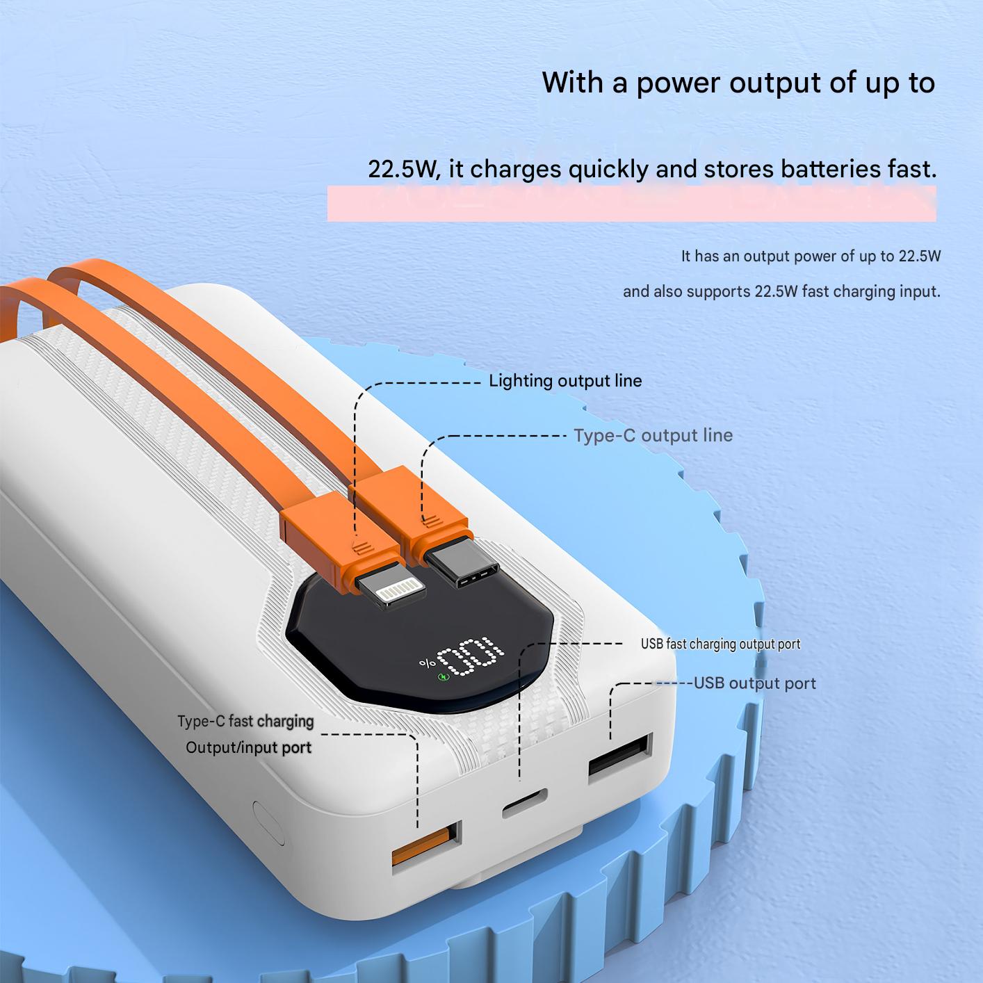 Portable Charger 20000Mah - 20000mAh Powerbank mit Digitalanzeige, integriertem Kabel,